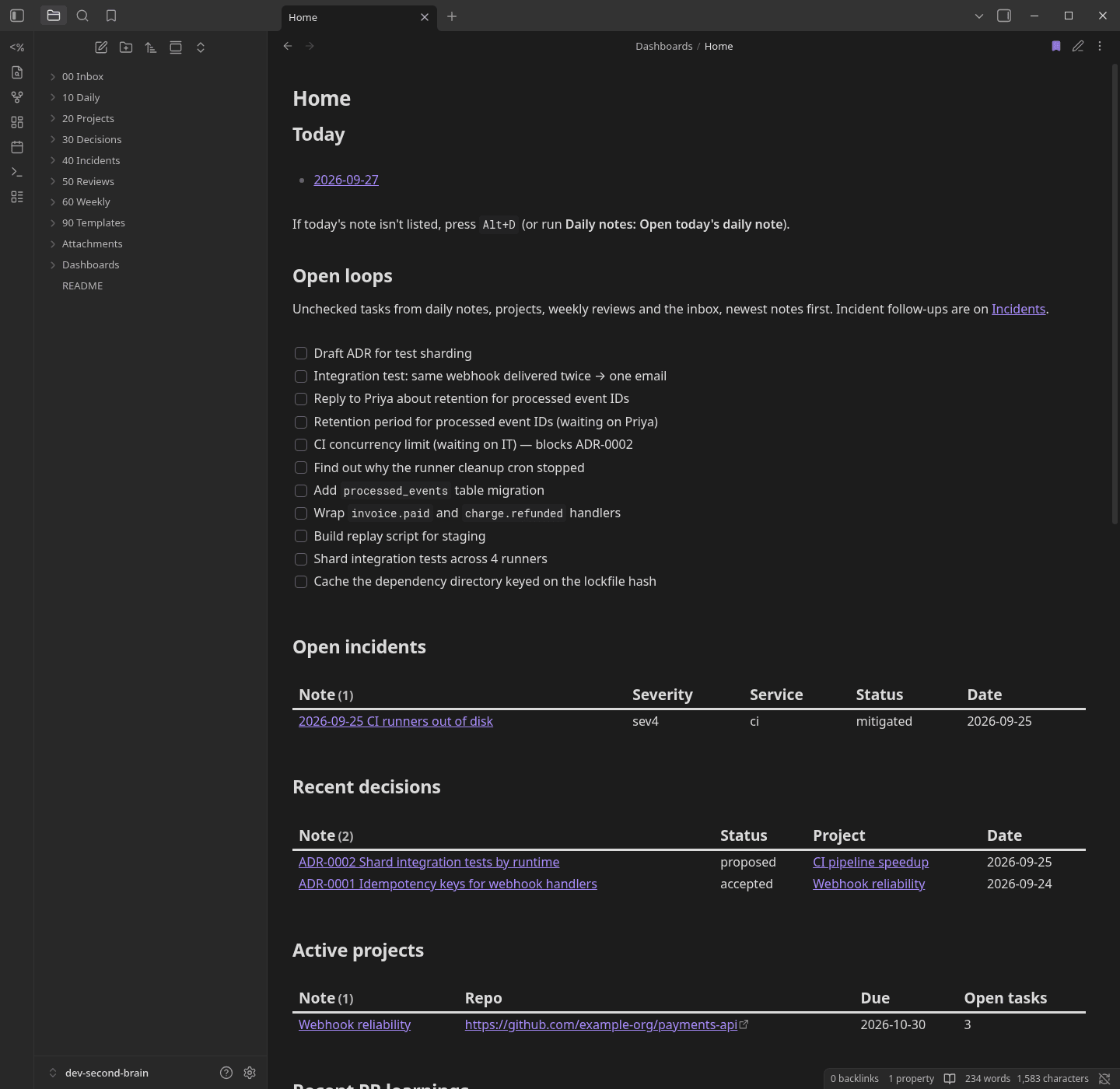 Obsidian home dashboard listing open decisions, an active API latency incident, and this week's notes and PR reviews.