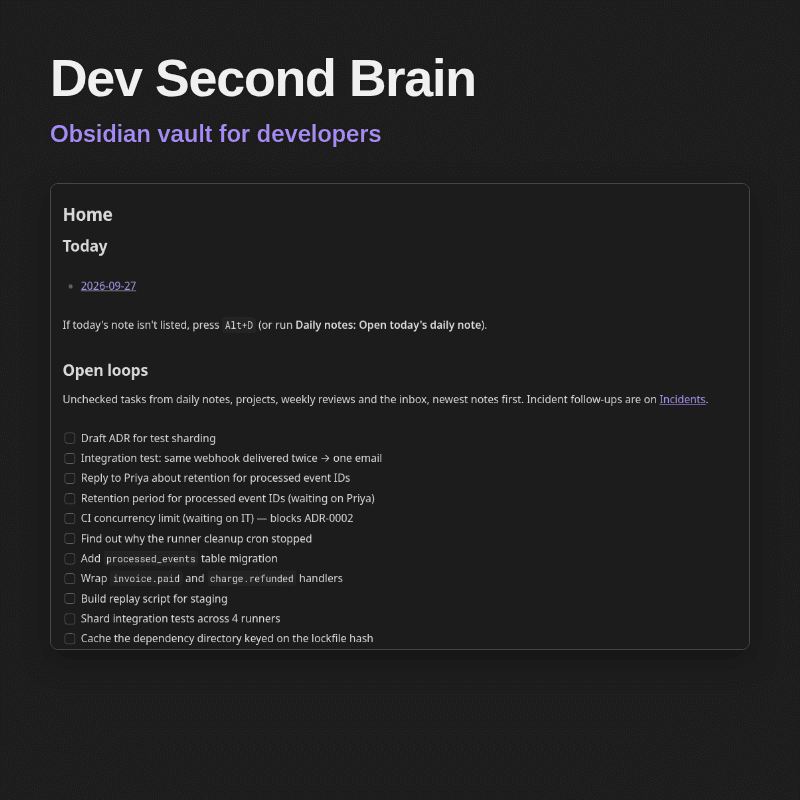 Cover for Dev Second Brain: a daily note beside an accepted decision record.