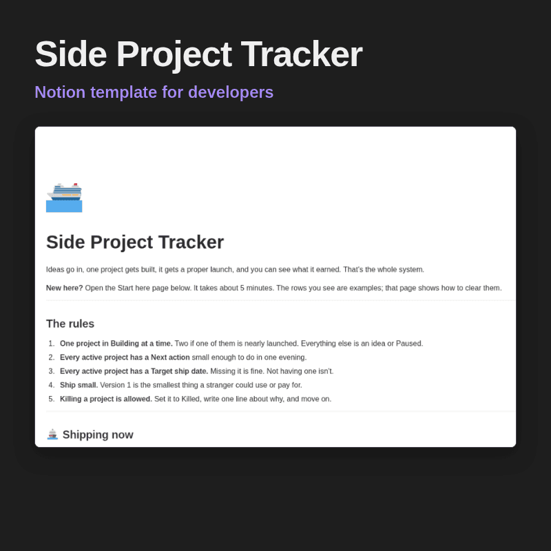 Cover for the side project tracker: projects, a tasks board, and a launch checklist.